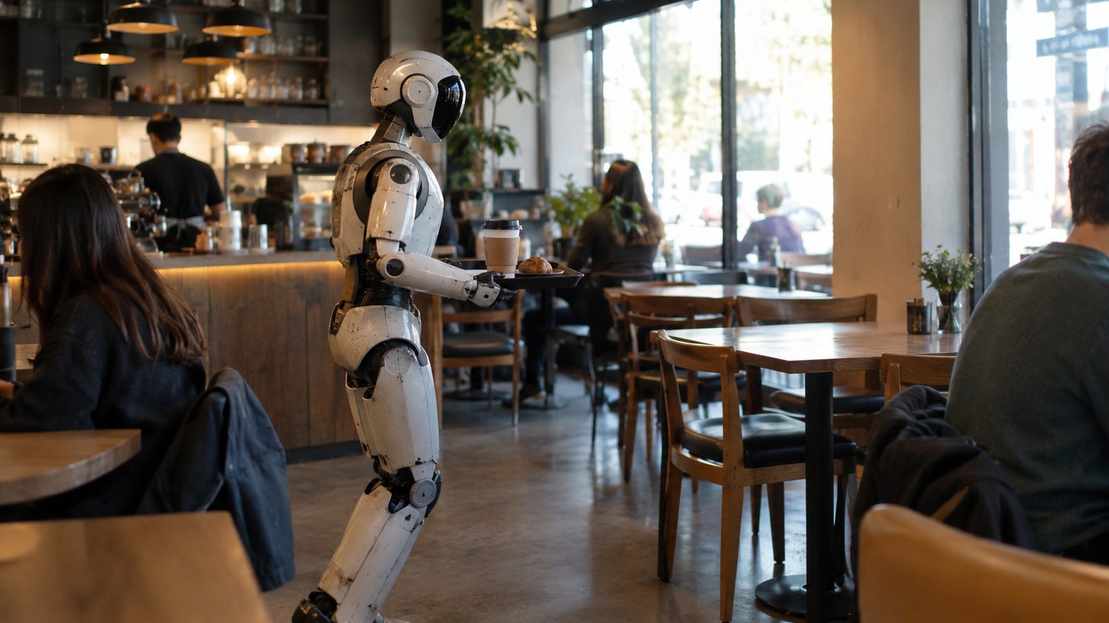A humanoid robot carrying a drink across a busy coffee shop with customers seated at tables
