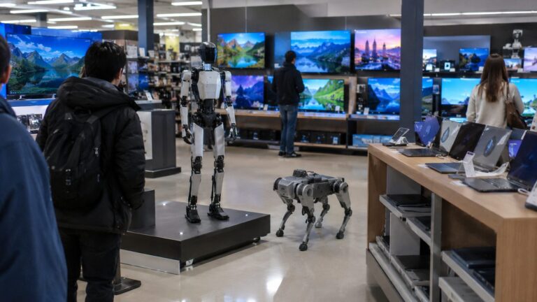 A humanoid robot and a four-legged robot dog on display among TVs and laptops in a supermarket electronics department
