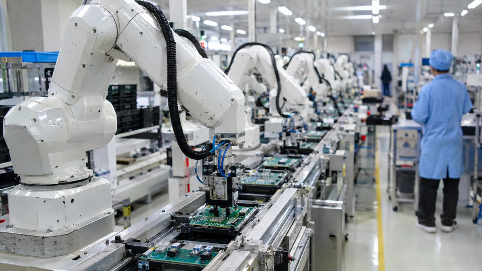 Compact robot arms placing components on circuit boards in an electronics plant
