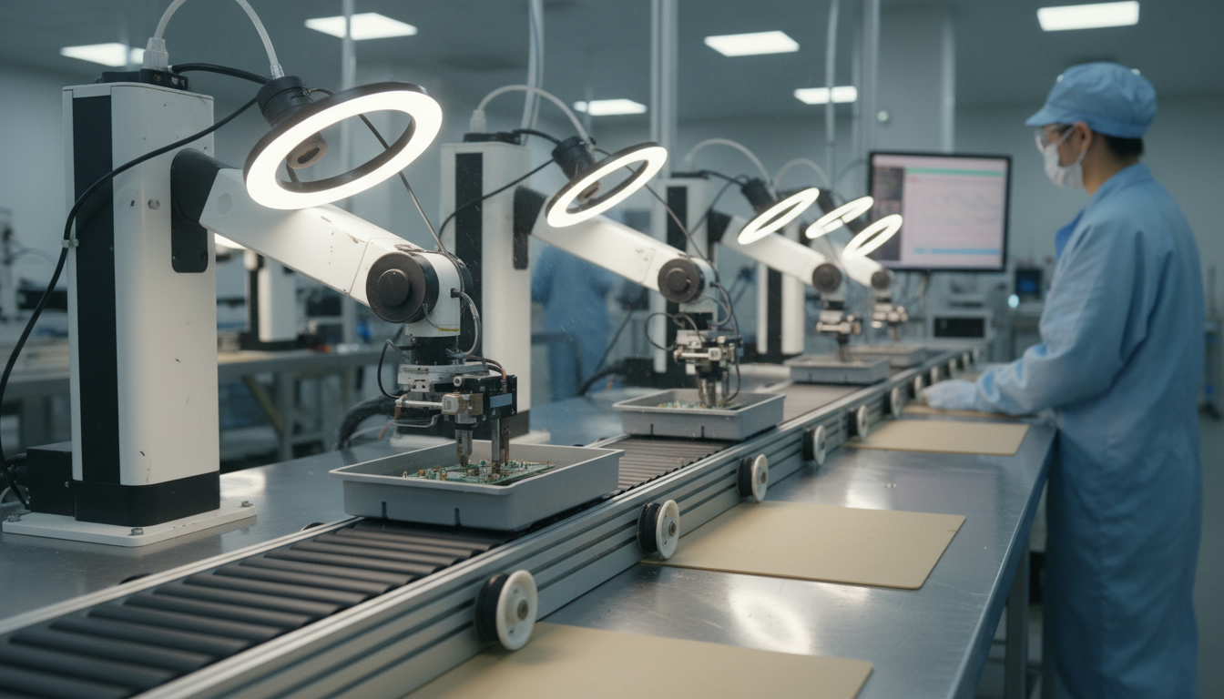 Small robot arms handling circuit boards in an electronics plant
