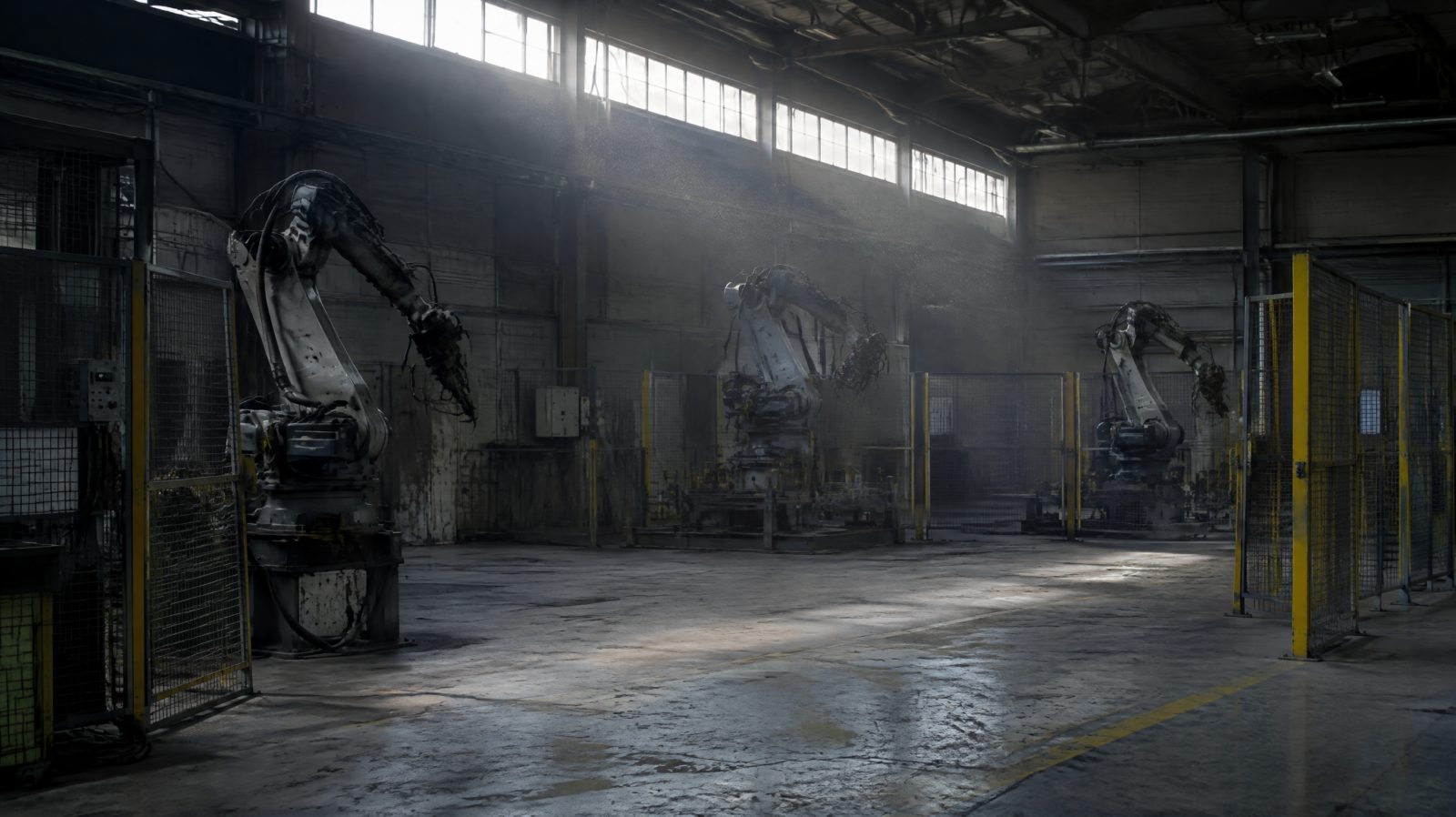 Idle industrial robot arms in an empty car factory welding cell