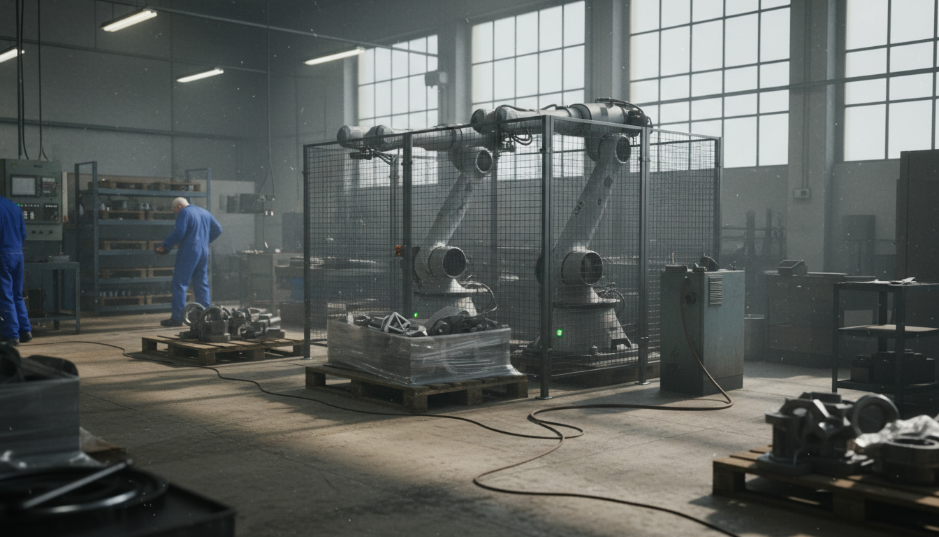 Two idle industrial robot arms inside a safety cage in a quiet factory