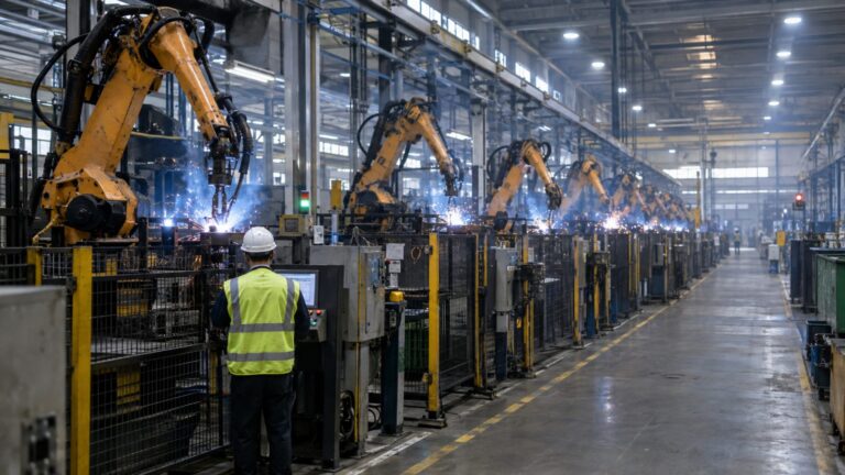 Row of industrial welding robot arms in a factory with a worker seen from behind