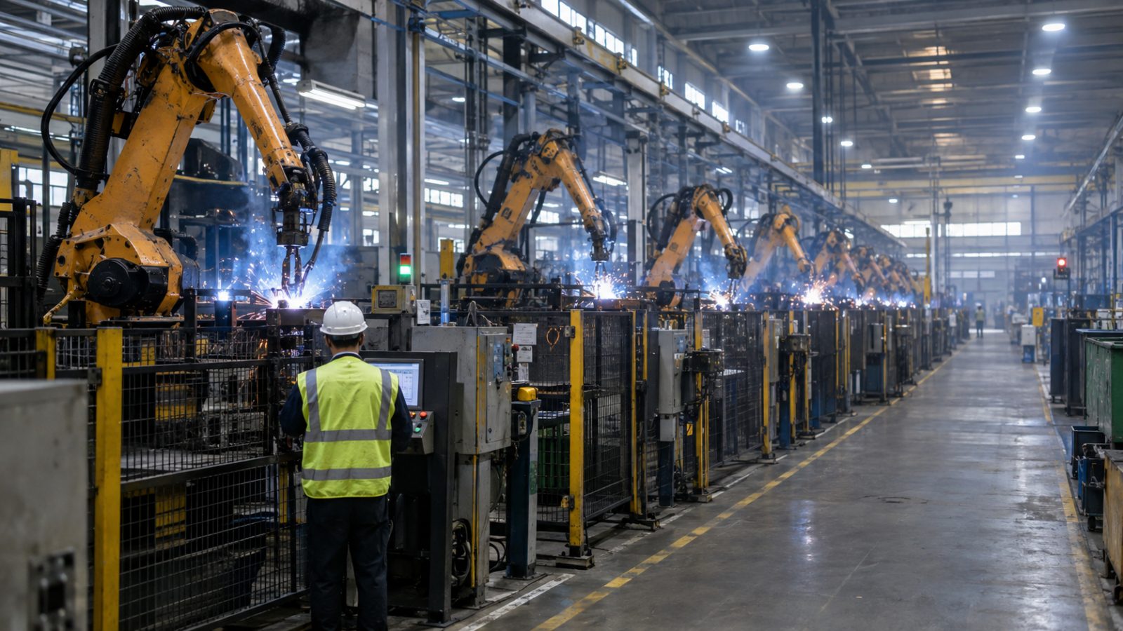 Row of industrial welding robot arms in a factory with a worker seen from behind