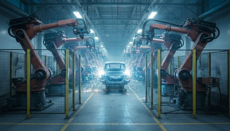 Rows of industrial robot arms welding car bodies on a factory line