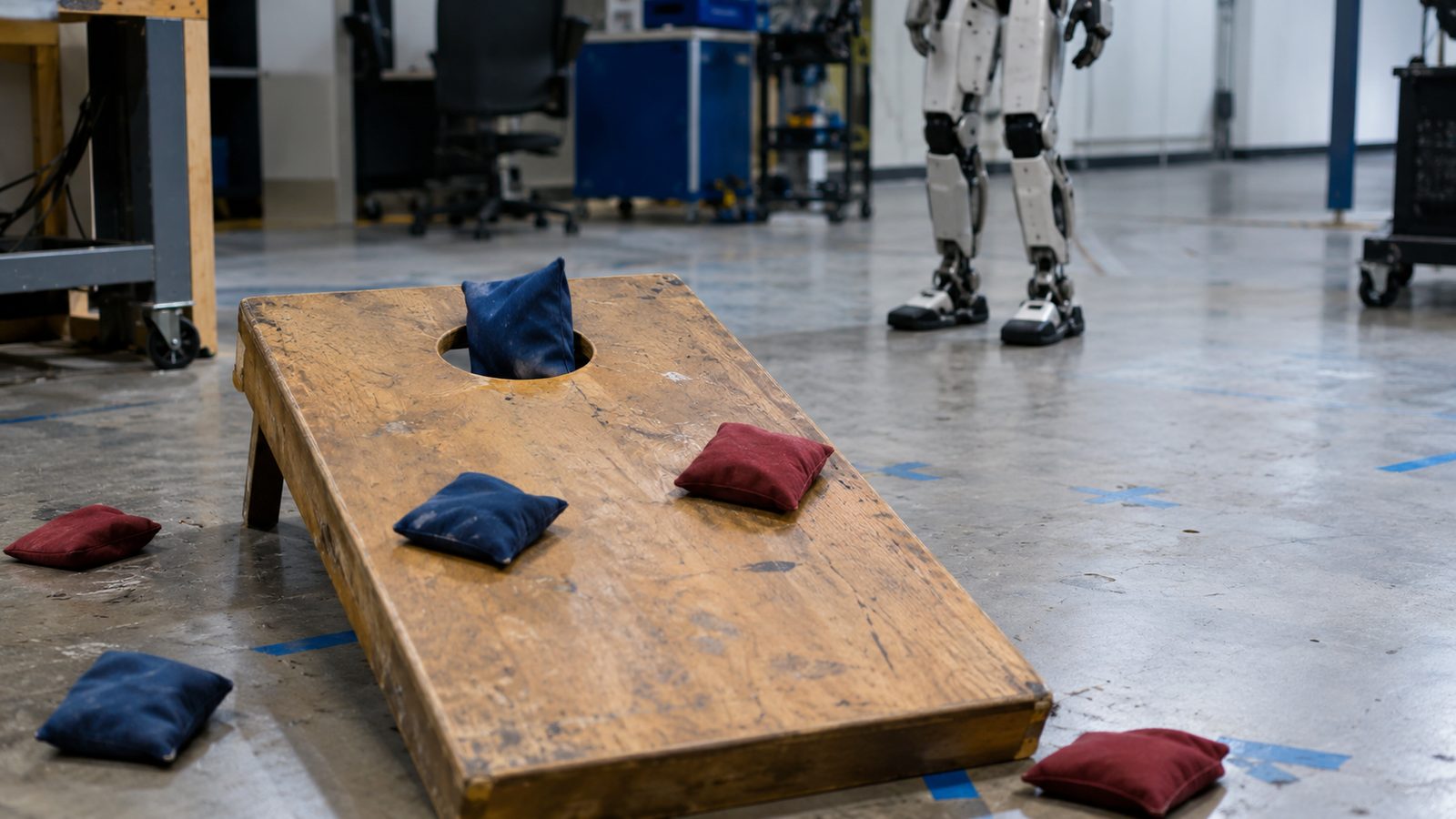 A cornhole board in a lab with bean bags on and around it