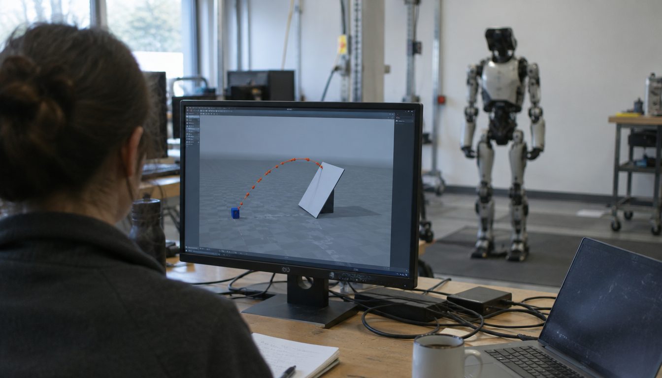 A researcher seen from behind watching a computer simulation of a bean bag throw, with a humanoid robot in the background