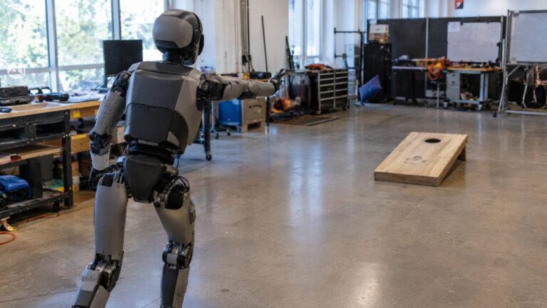 A humanoid robot in a robotics lab tossing a bean bag toward a cornhole board