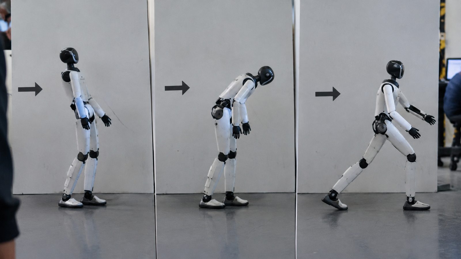 Three panels showing a humanoid robot swaying at the ankles, bending at the hips, and taking a step after being pushed
