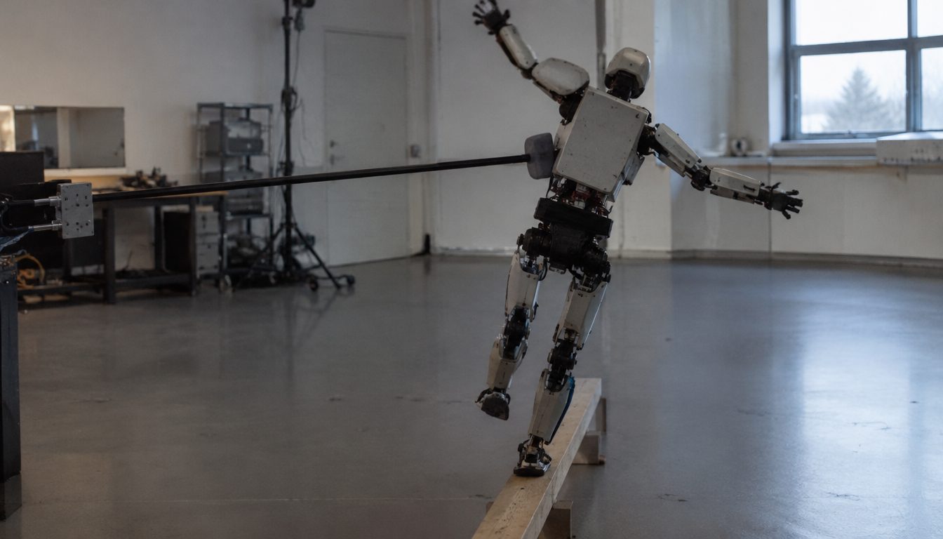A humanoid robot standing on one leg on a narrow beam, swinging its arms to resist a sideways push