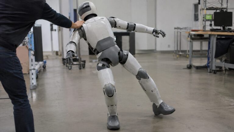 A plain two-legged humanoid robot being pushed at the shoulder, stepping sideways with arms out to catch its balance
