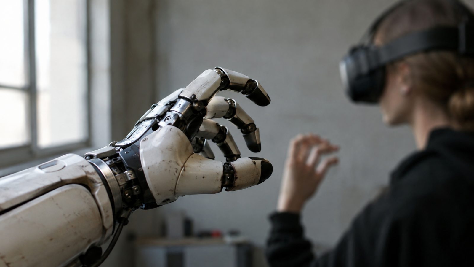 Close-up of a robot hand mirroring the pose of a human hand behind it