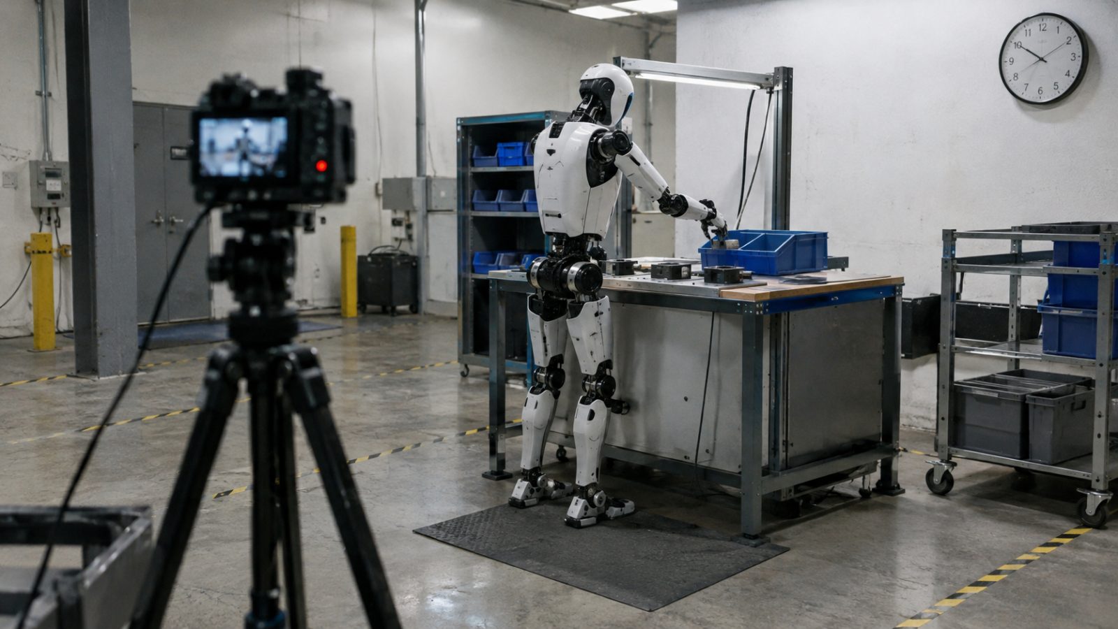 Humanoid robot working at a parts table while a camera records continuously beneath a wall clock