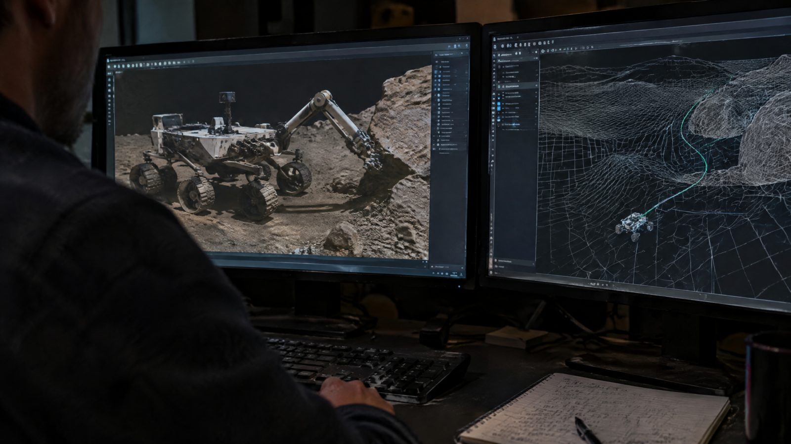 Engineer at a workstation viewing a 3D simulation of a rover arm reaching toward modelled terrain