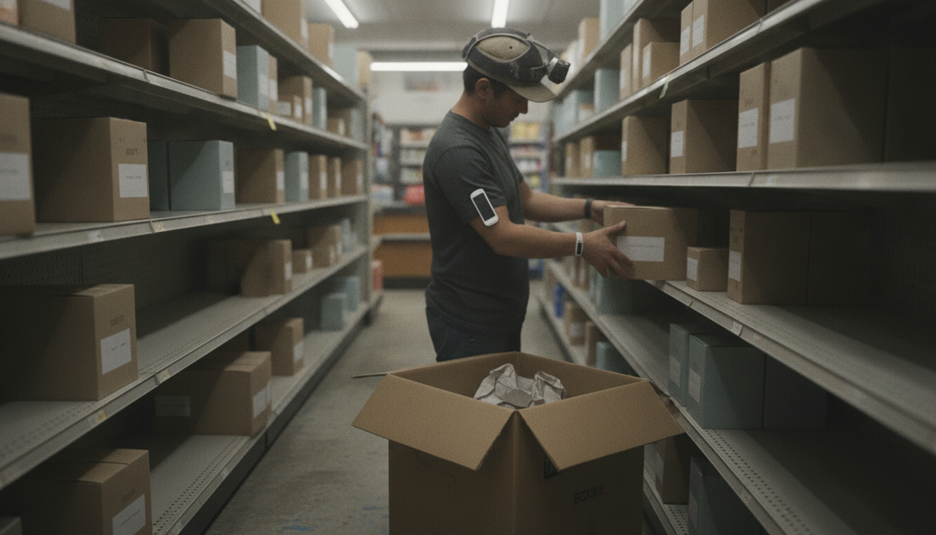 A shop worker with a head camera and wrist sensor stocks a shelf