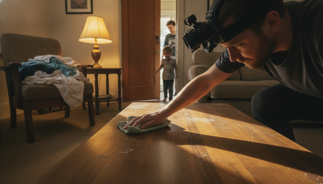 A person recording themselves cleaning a table while family members stand partly out of frame