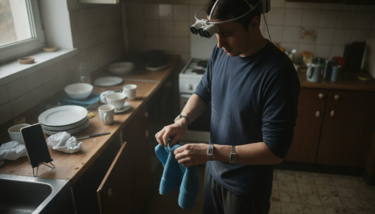 A person wearing a head-mounted camera rig and wrist sensors folds a towel in a small kitchen
