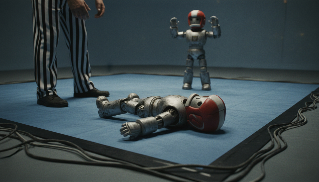 A small humanoid robot flat on its back on arena matting while a referee stands over it