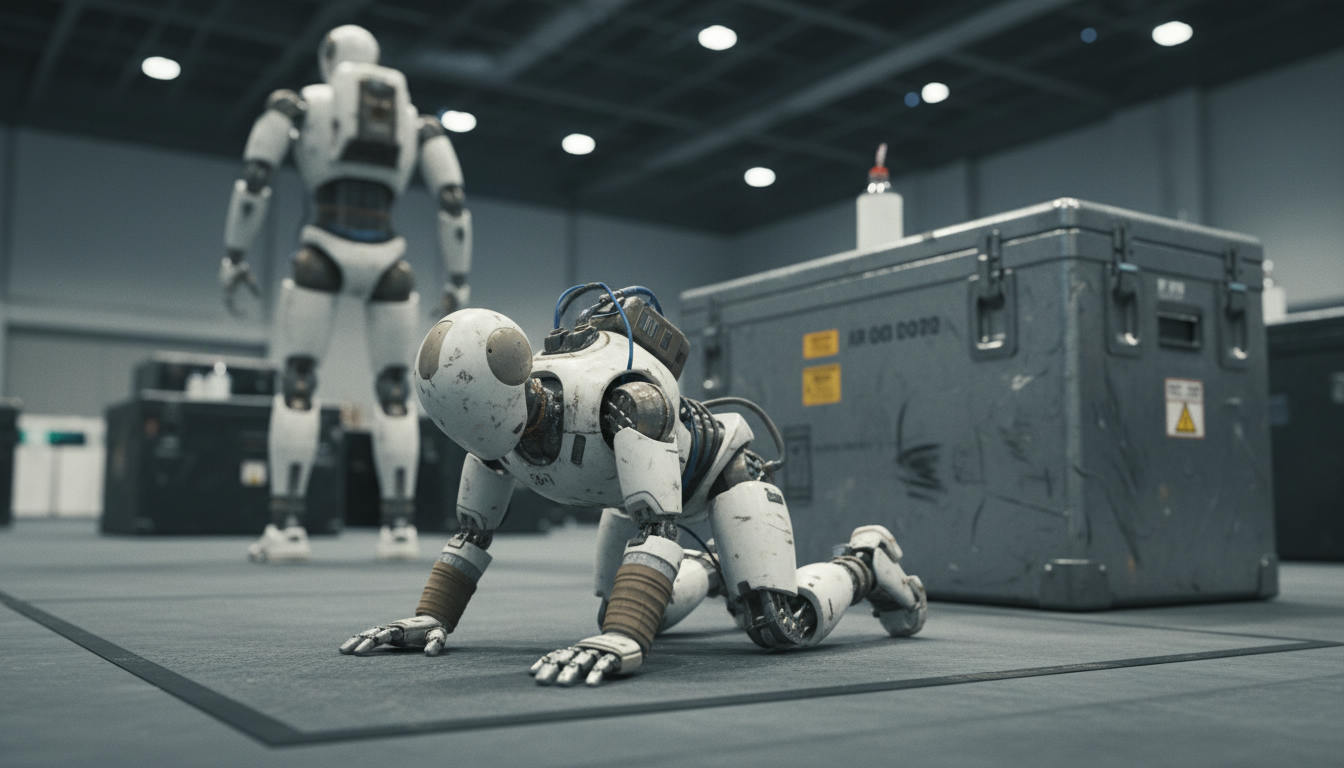 A small humanoid robot pushing itself back up off a padded floor with a taller humanoid blurred behind