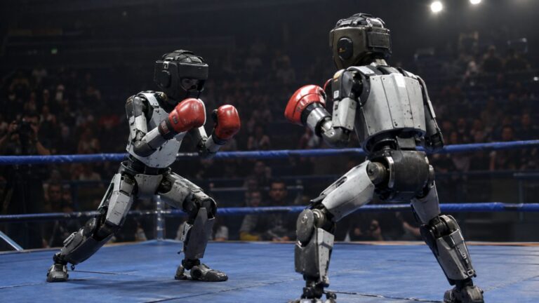 Two child-sized humanoid robots in headgear and padded gloves face each other in a lit arena ring