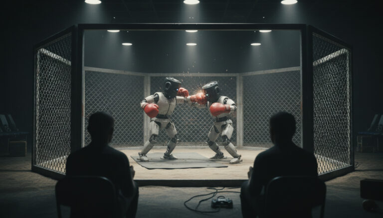 Two child-sized humanoid robots in headgear and gloves trading punches inside a caged arena under spotlights