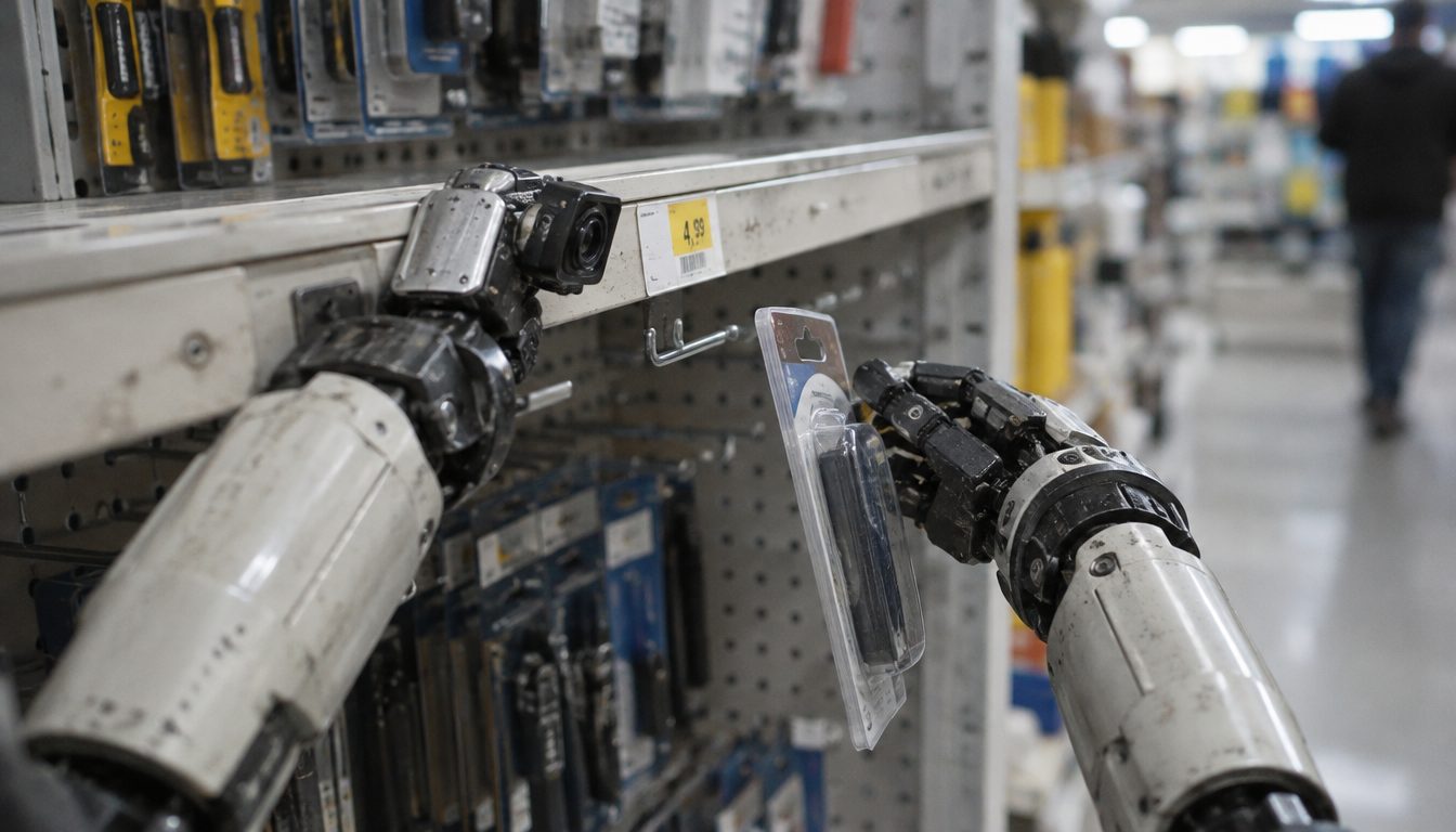 Robot arms hanging a packet on a shelf hook while a wrist camera checks its position
