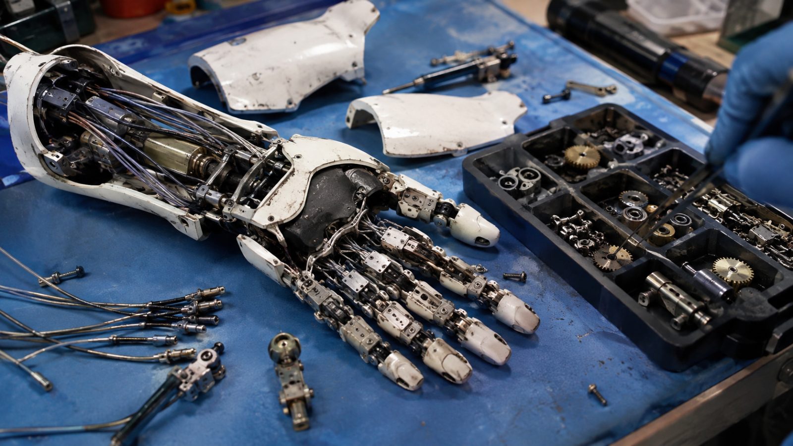 Open robotic hand and forearm with dozens of small screws and parts on a workbench