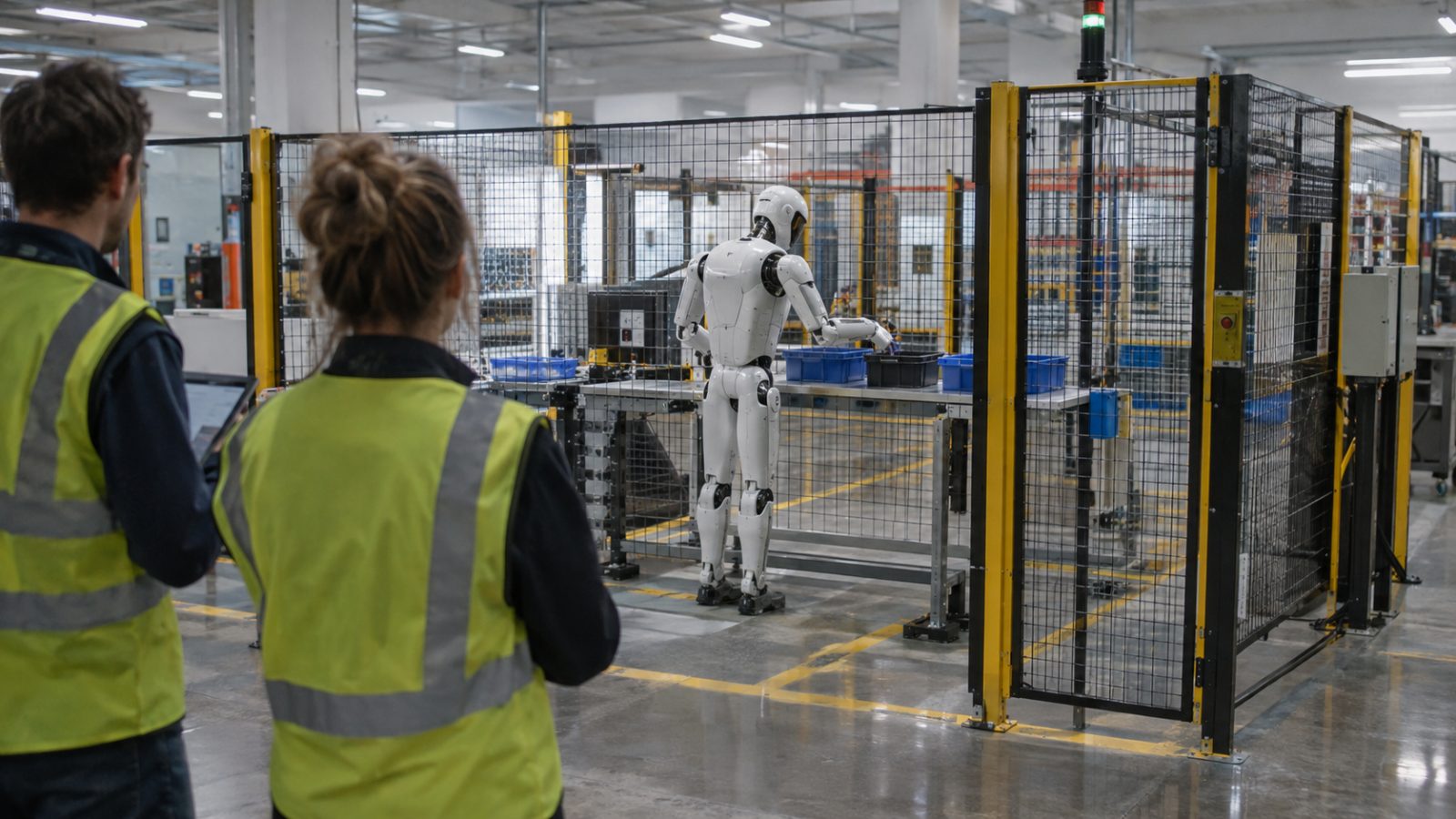 Humanoid robot working inside a fenced factory cell while technicians observe