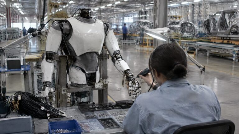 Worker assembling a humanoid robot forearm by hand at a factory bench