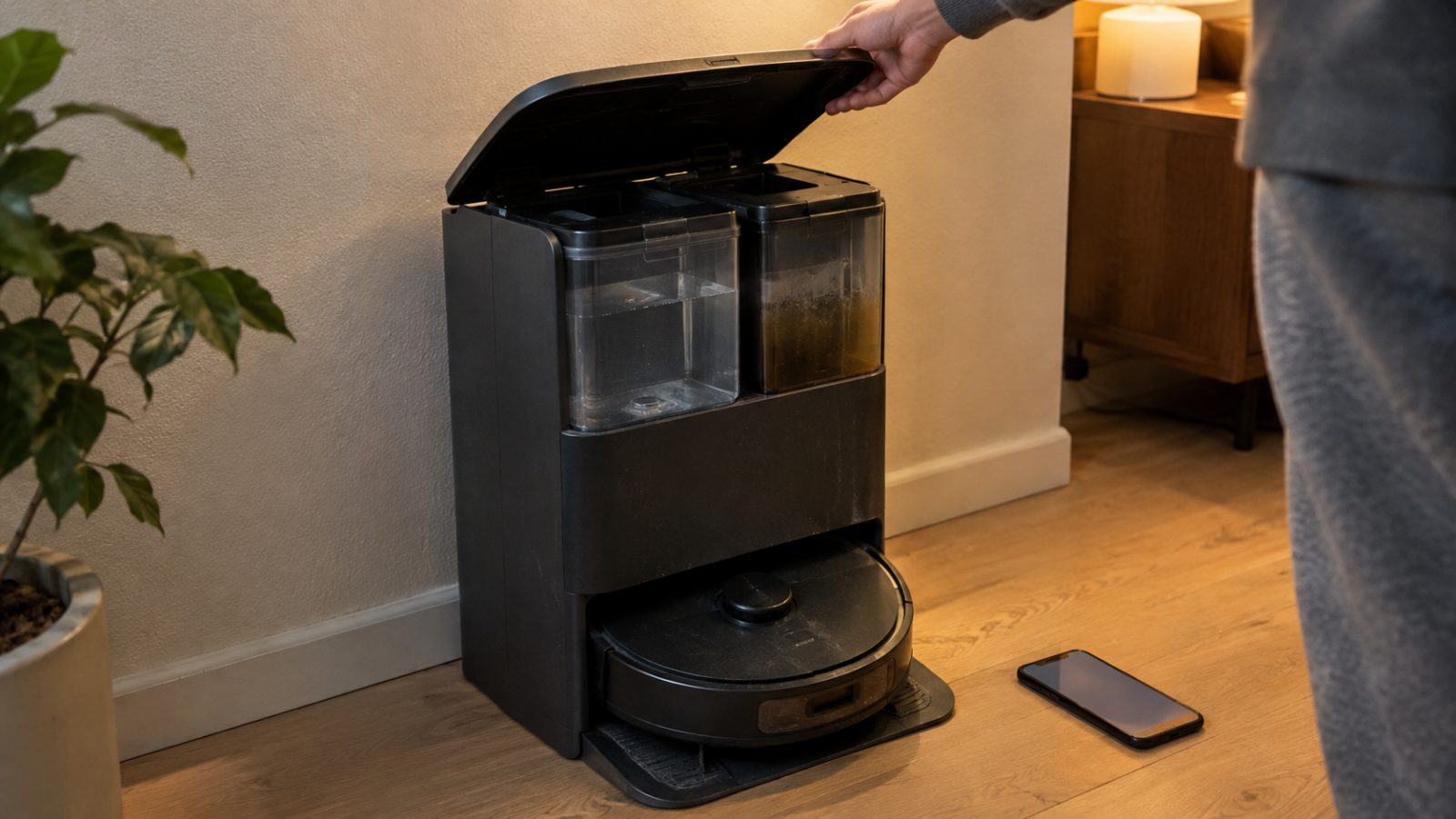 A tall black self-emptying robot vacuum dock with a robot parked inside as a hand lifts its lid