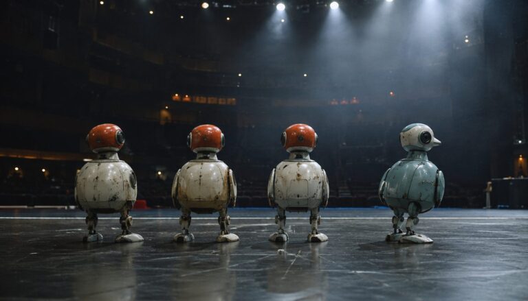 Four small two-legged robots in a row on a lit stage, one of them facing the wrong way