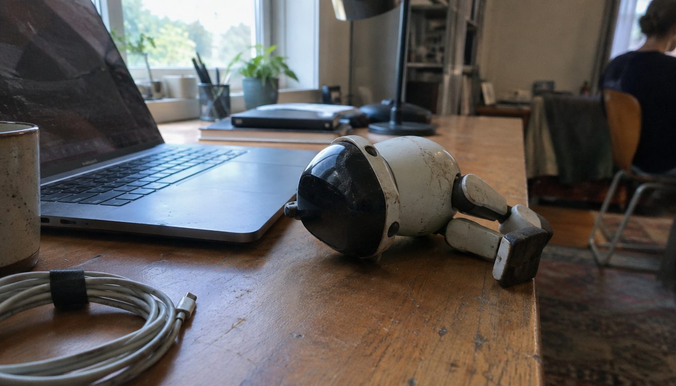 A small two-legged robot lying on its side on a desk next to a laptop