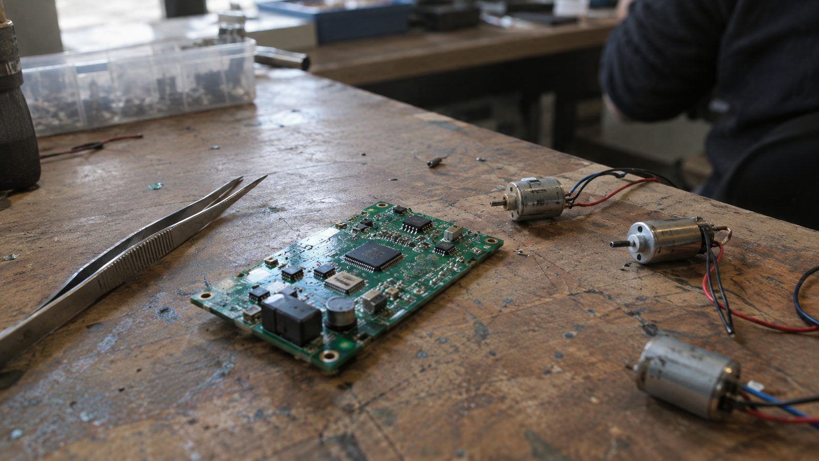 A credit-card-sized circuit board on a workbench beside tweezers and small motors