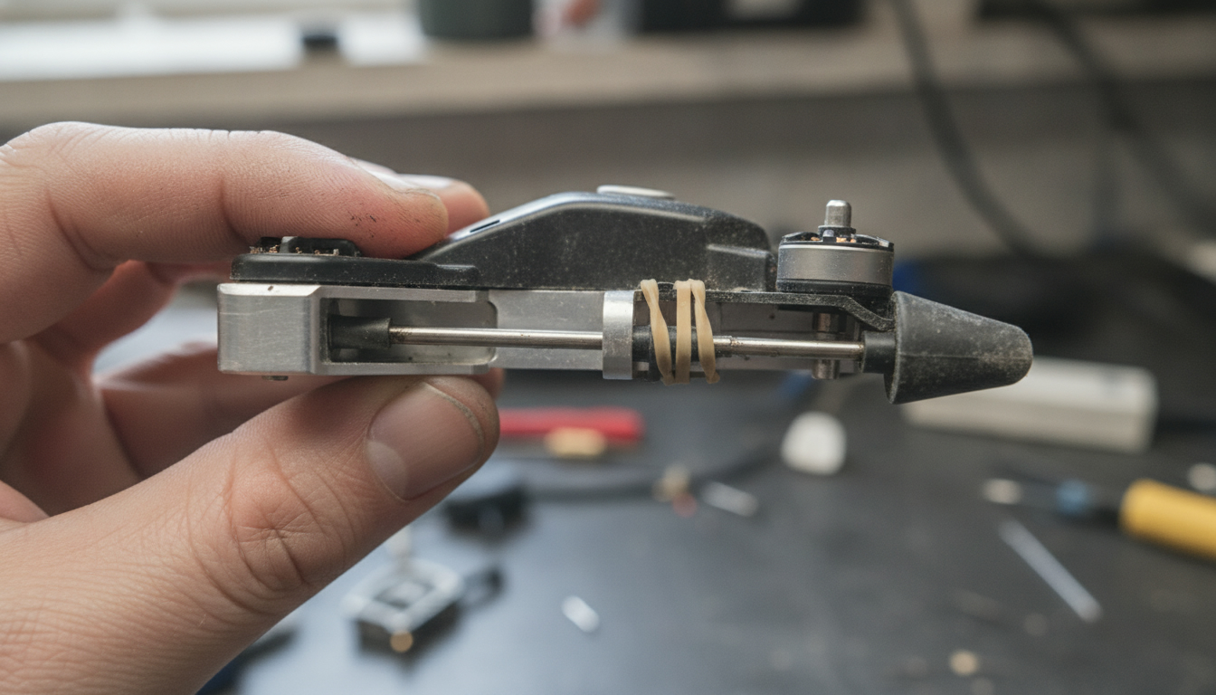 Close-up of the drone's springy leg: two rods, stretched rubber bands and a pointed rubber foot