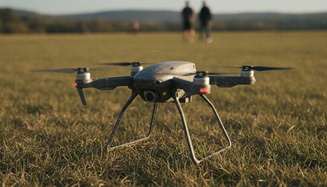 The small hopping drone bouncing across grass outdoors, leg angled toward the ground