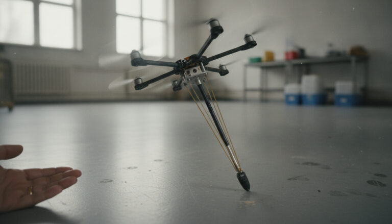 A tiny four-rotor drone with a long springy leg underneath, caught mid-hop above a lab floor