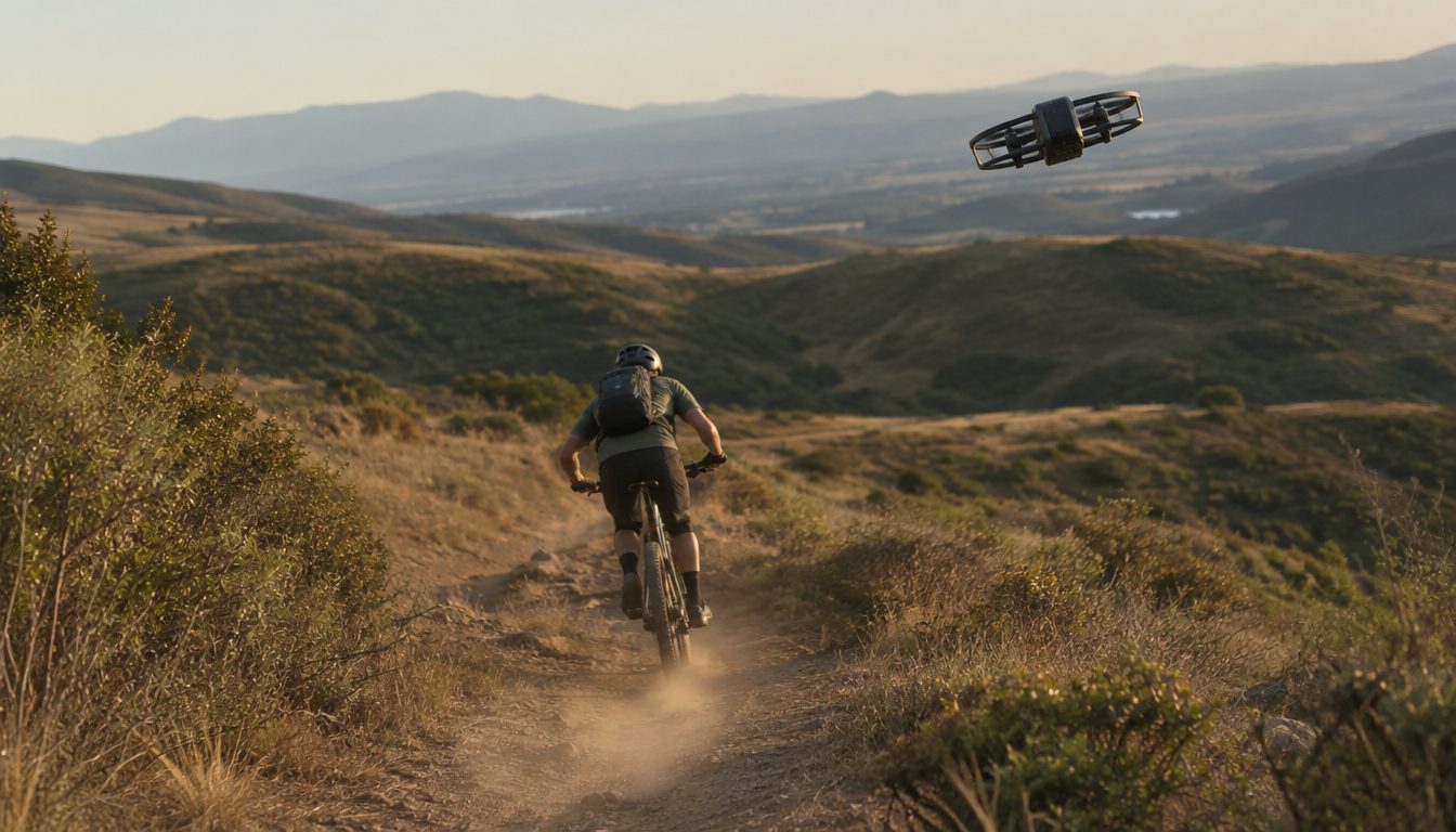 A small flying camera following a mountain biker down a dirt trail