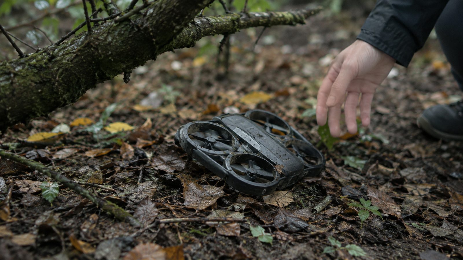 A small flying camera lying on the ground under a tree branch after a crash