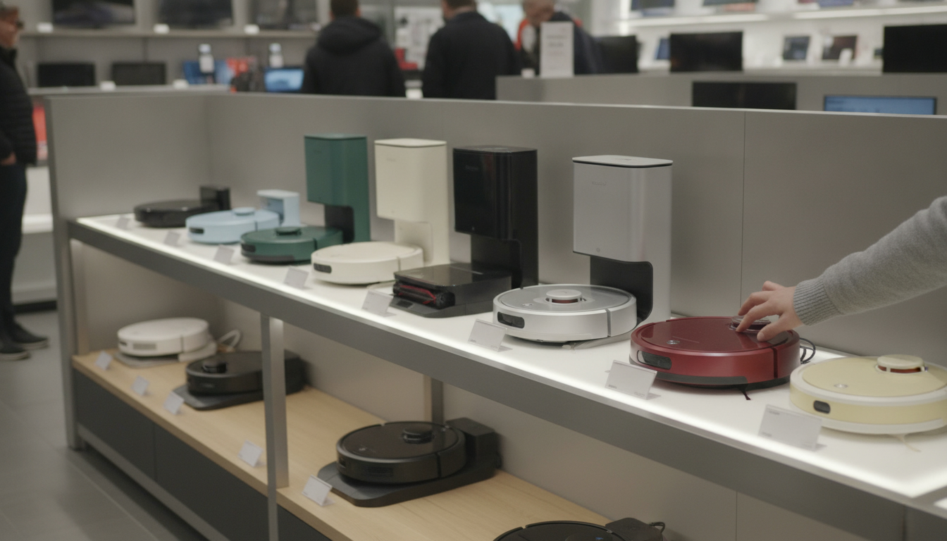A row of robot vacuums and docks on a store shelf with blank price cards