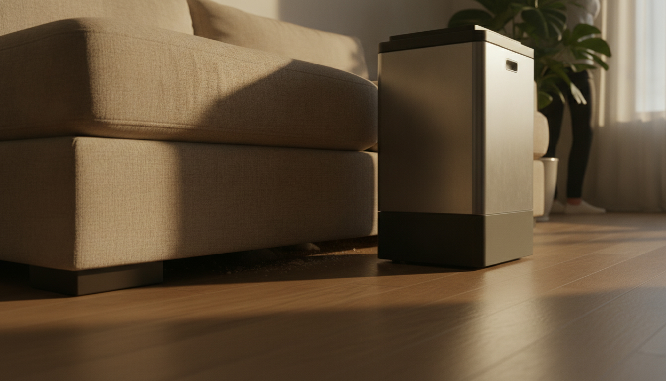 A tall robot floor cleaner halted at the edge of a sofa it cannot drive under