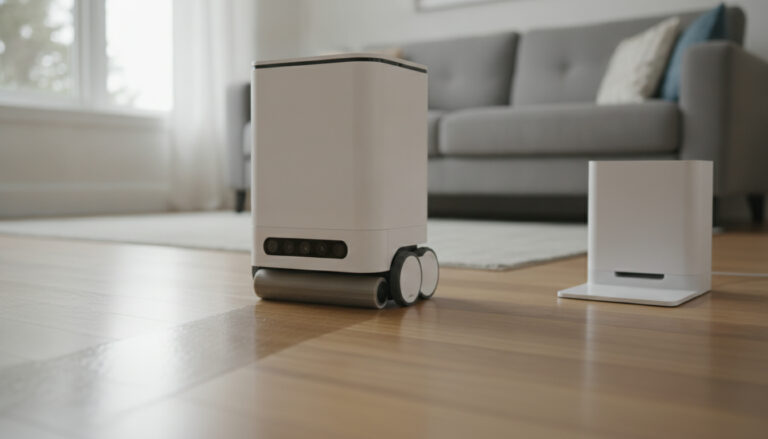A tall camera-equipped robot floor cleaner mopping a wooden living-room floor beside its charging dock