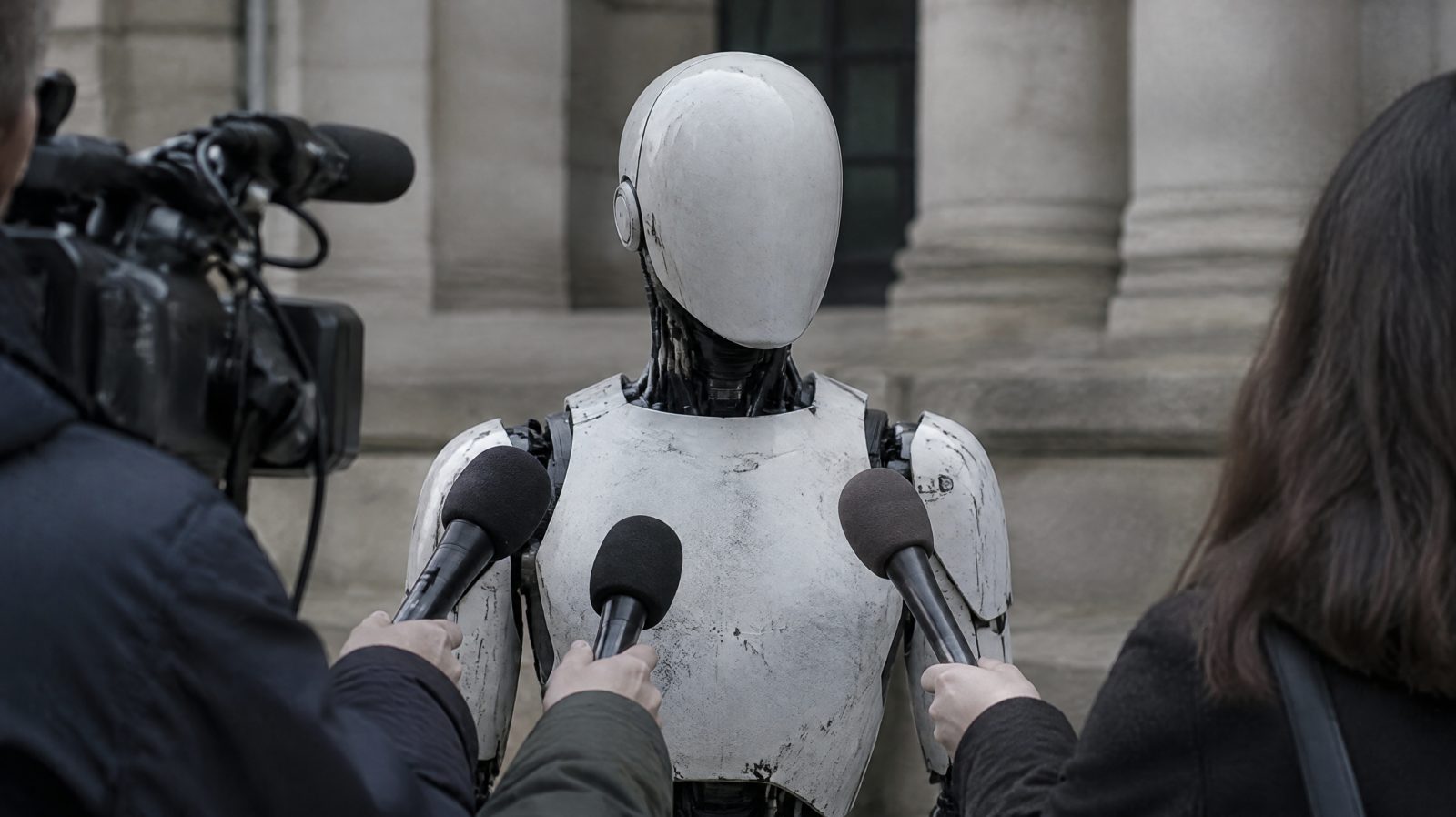 A human-sized white humanoid robot facing a cluster of reporters' microphones