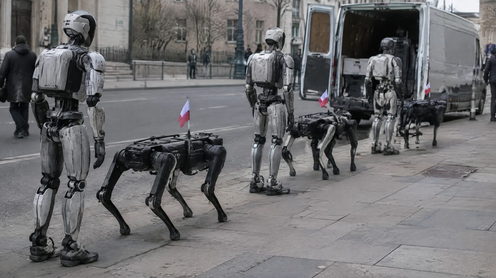 A line mixing upright humanoid robots with dog-sized four-legged robots on a pavement