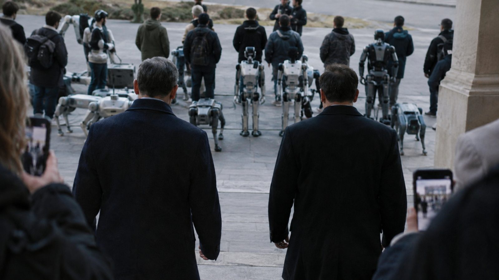 Officials in overcoats walking down steps toward organisers standing behind a row of robots