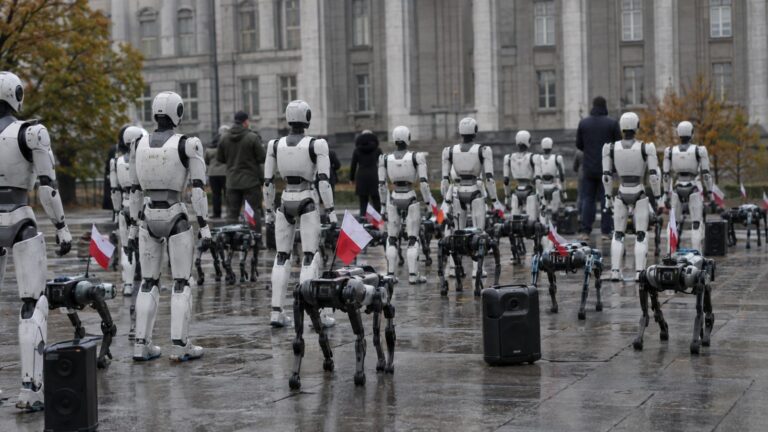 About thirty humanoid and four-legged robots standing in rows with small flags outside a government building