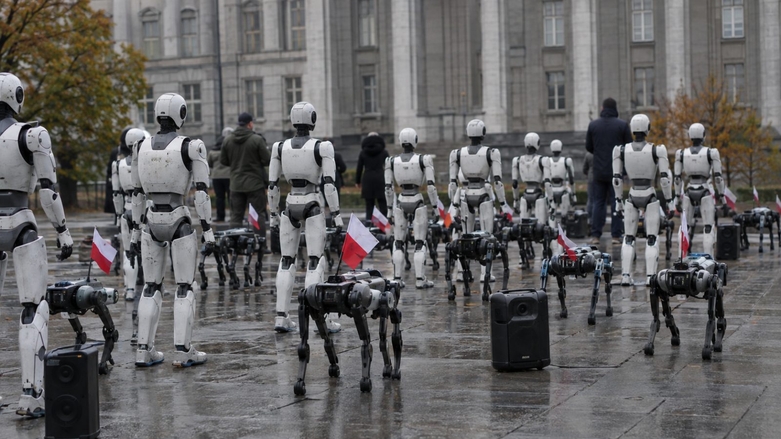 About thirty humanoid and four-legged robots standing in rows with small flags outside a government building