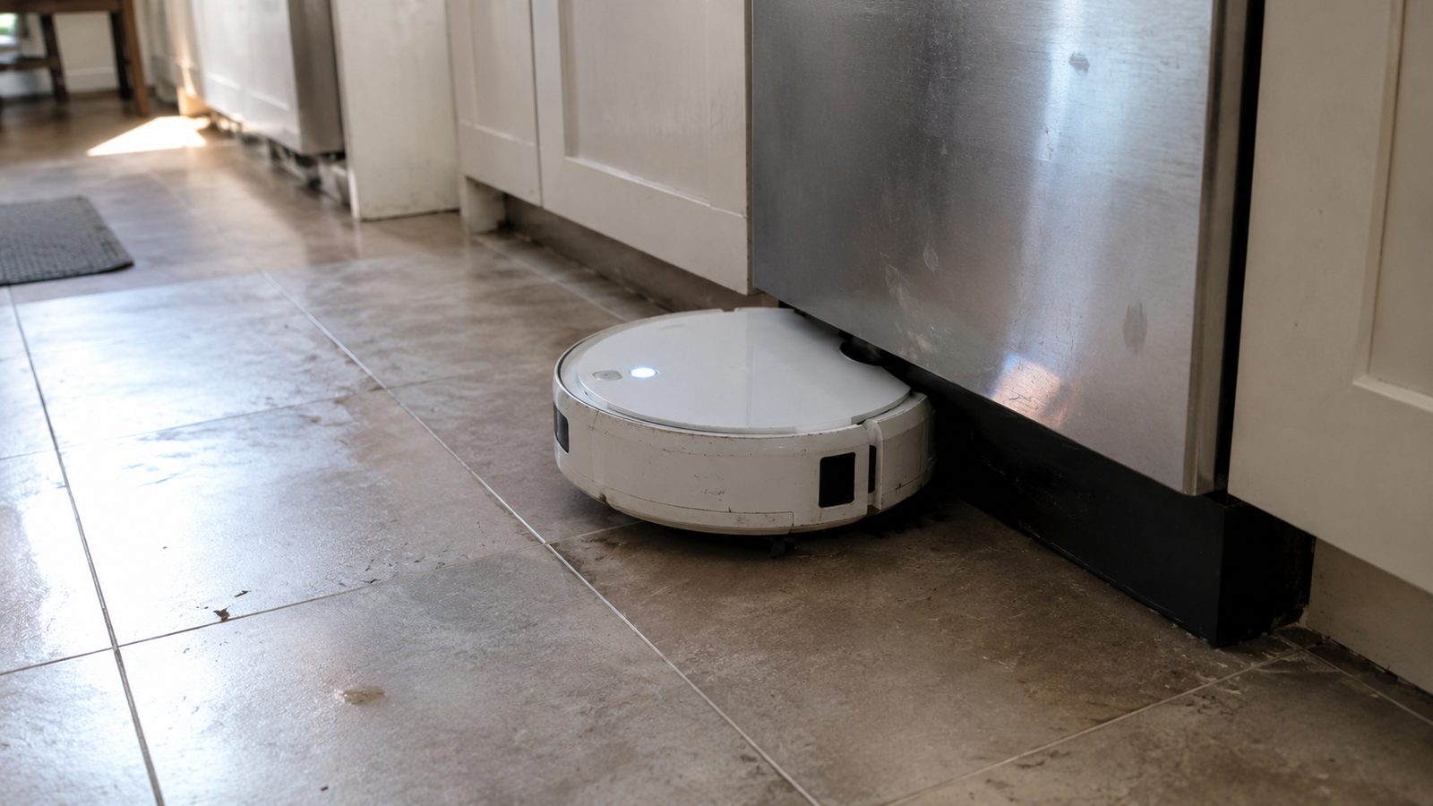Round white robot vacuum stuck under the bottom edge of a kitchen dishwasher