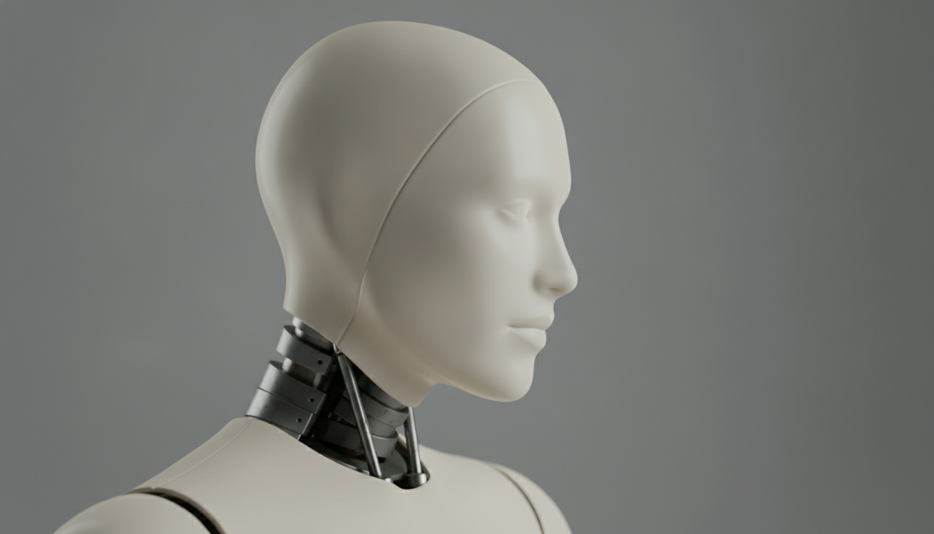 Close-up of a smooth humanlike robot head turning toward someone speaking off camera