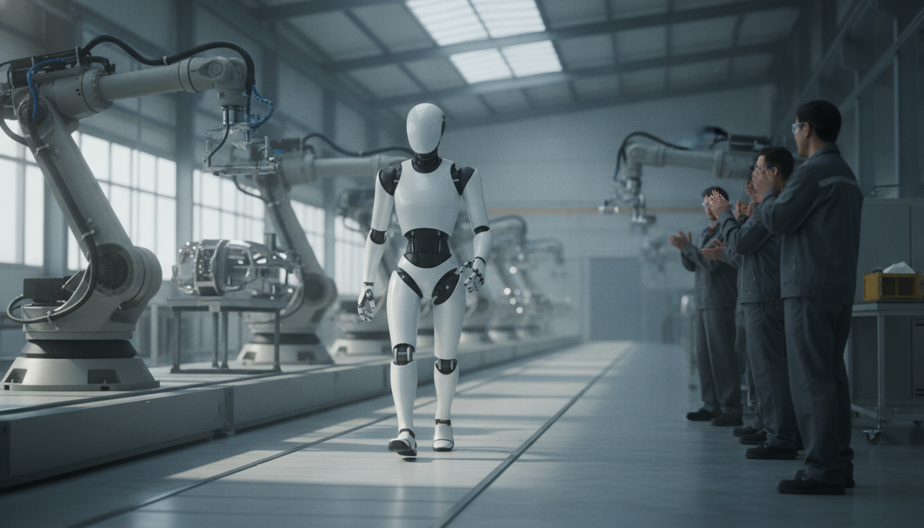 An adult-sized humanoid robot walking off an automated factory line while workers applaud