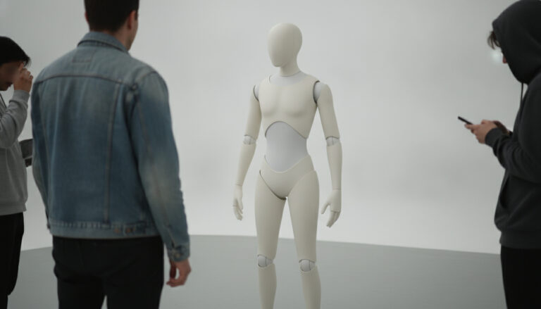 A life-size humanlike robot in a studio turning toward one of three people talking to it